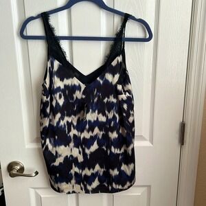 New Express Cami Top Lace‎ Trim V-Neck Sleeveless Blue White Print Size S
